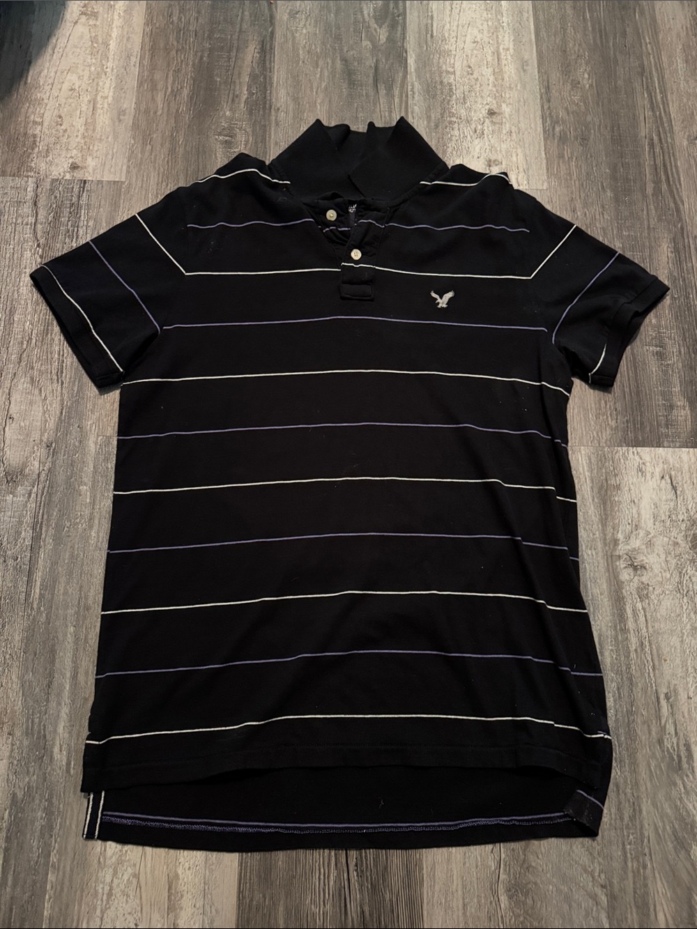 Men's American Eagle Black Striped Polo Shirt with purple and white Trim